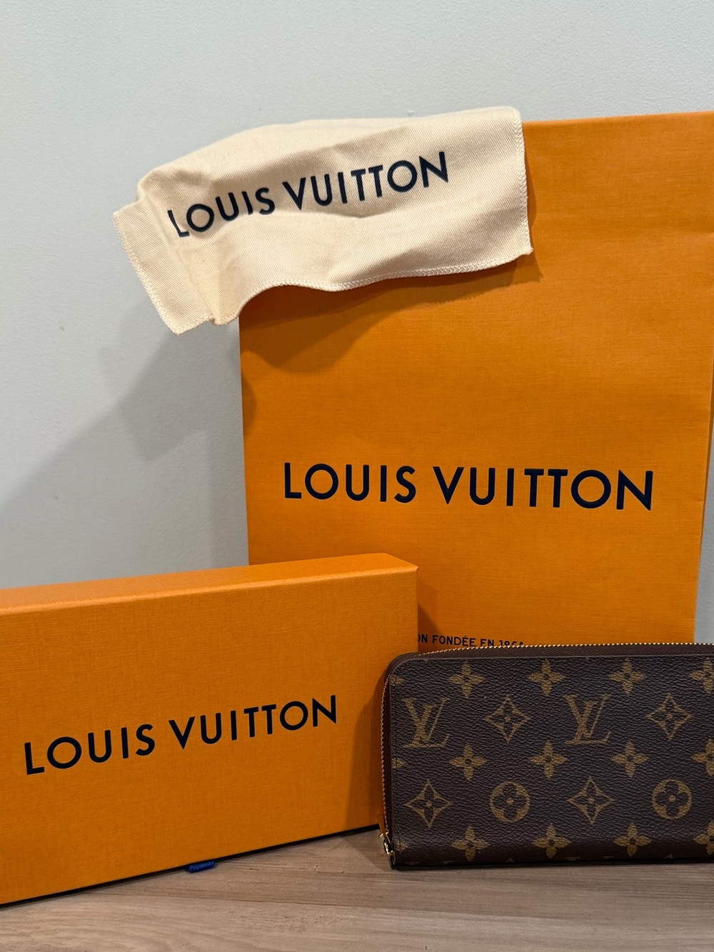 Louis Vuitton Brown Monogram Zip Around Wallet with Orange Packaging